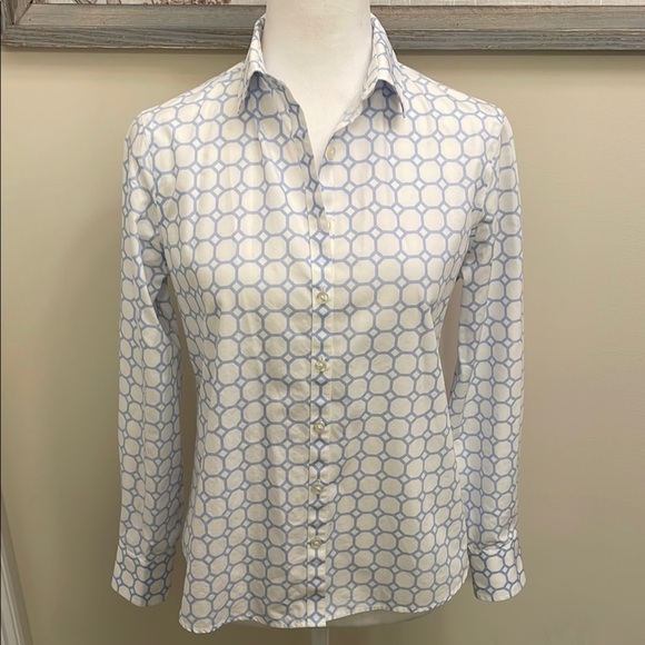 Lands' End White and Blue Fitted Long Sleeve Button Down Shirt EUC - Picture 1 of 11